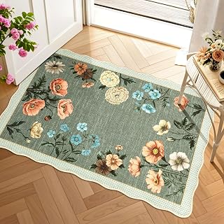GarveeHome 2x3 Green Floral Scalloped Washable Entryway Rug - Non-Slip Boho Low-Pile Area Rug for Door Mat, Kitchen, Bedroom, Bath