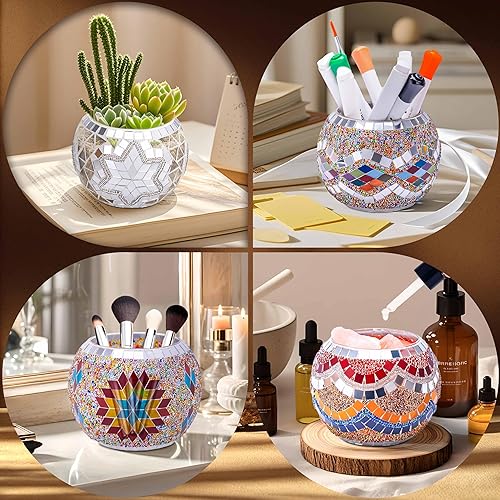 Vista 60 de Rancco Portavelas votivo de vidrio para candelita, juego de 6 portavelas románticos de mosaico manchado, lámpara de vela de aromaterapia agrietada