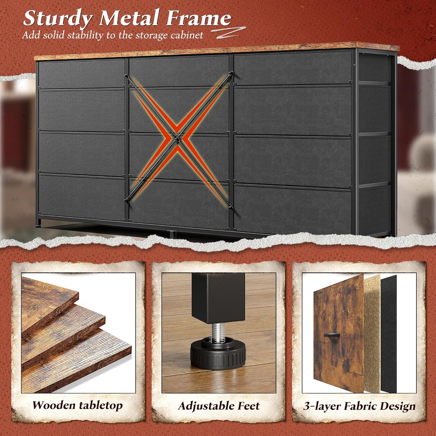 55" Dresser for Bedroom with 12 Fabric Drawers, Entertainment Center for 60 inch TV Dressers & Chests of Drawers Large Organizer, Living Room, Metal Frame, Wood Top, Rustic Brown