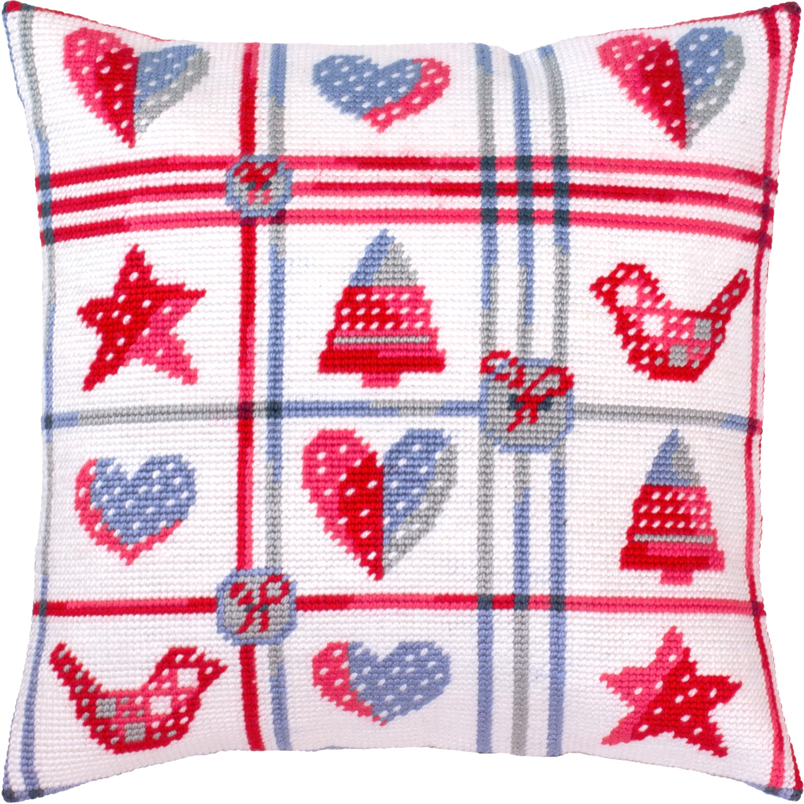 Brvsk Winter Stamped Cross-Stitch Kit for Adults and Beginners — Christmas Patchwork Magic 16″ × 16″ with Clear, Precise Printed Design on Cotton Canvas; Includes 2 Needles, Yarn, and Easy-Read Chart