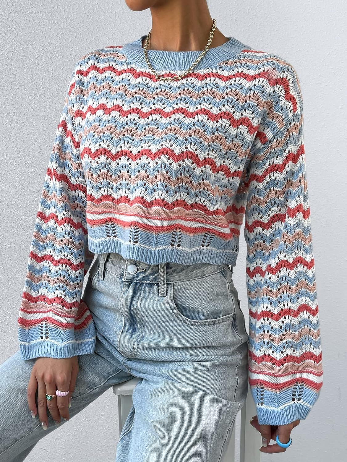 Women's Sweater Chevron Pattern Pointelle Knit Drop Shoulder Sweater Sweater for Women (Color : Multicolor, Size : Medium)