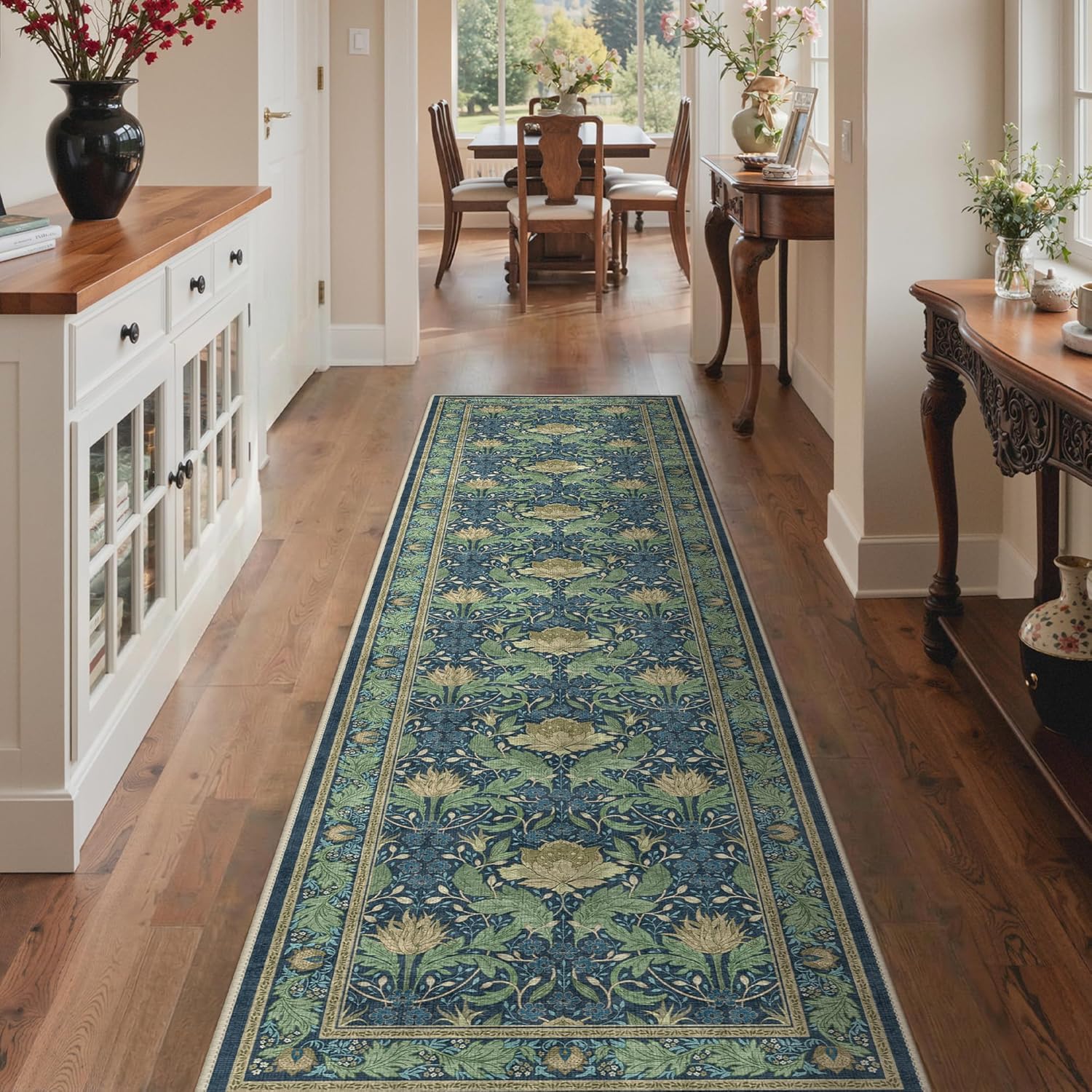 Bavni 2'6''x10 Runner Rug,Microfiber Washable Non-Slip Vintage Floral Rugs,Low Pile Lightweight Carpet for Bedroom,Hallway,Entryway,Kitchen,Bathroom, Tea Green/Blue