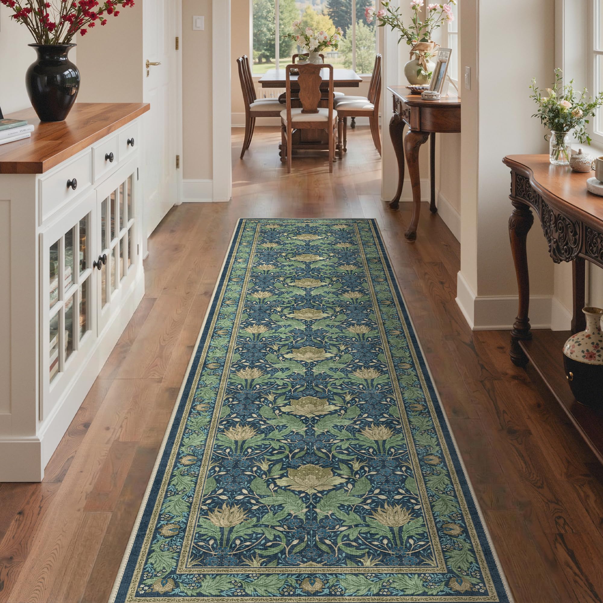 Bavni 2'6''x10 Runner Rug,Microfiber Washable Non-Slip Vintage Floral Rugs,Low Pile Lightweight Carpet for Bedroom,Hallway,Entryway,Kitchen,Bathroom, Tea Green/Blue