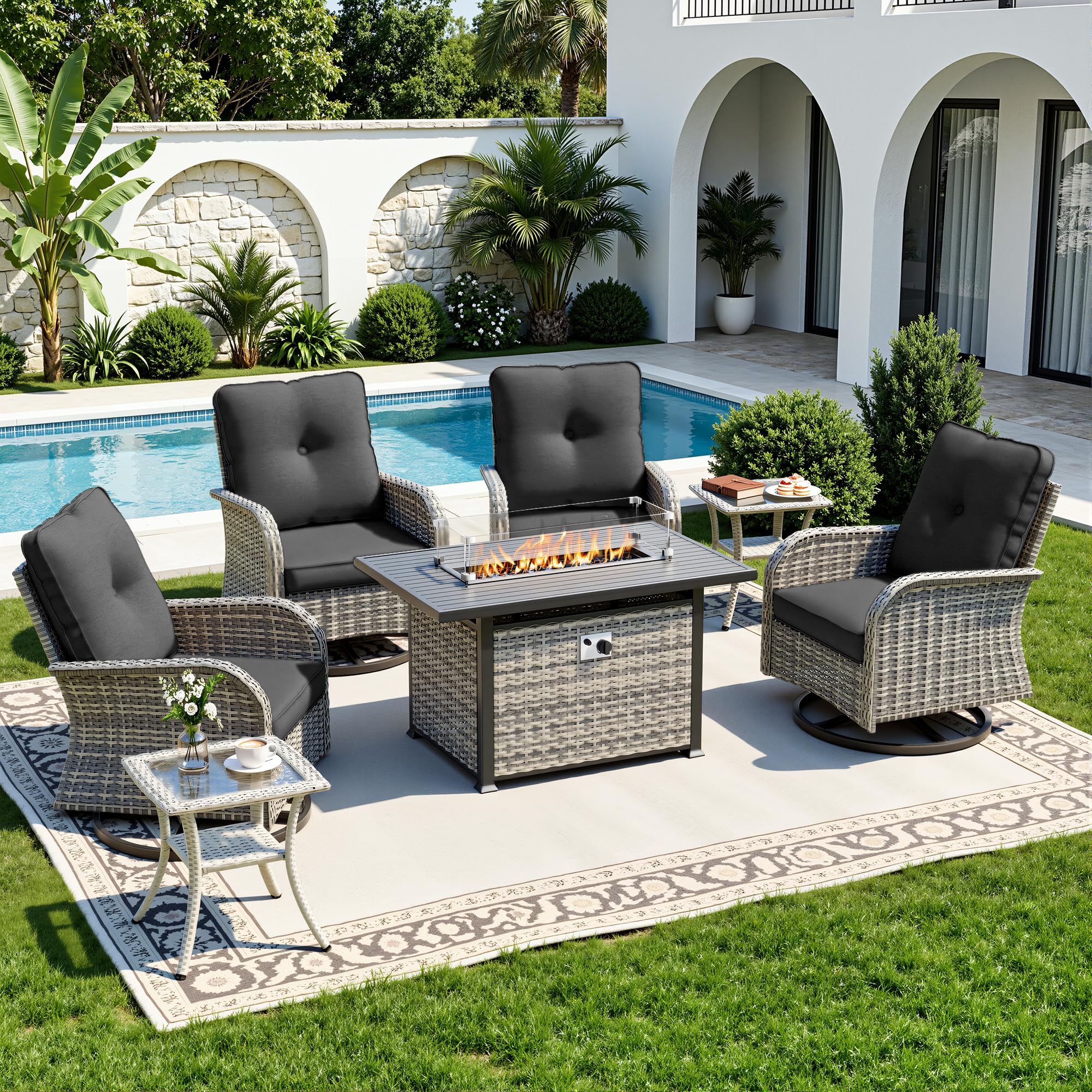 7-Piece Small Patio Furniture Set, Outdoor Swivel Rocking Chairs Set with 55,000 BTU Fire Pit Table Wicker Chairs and Tempered Glass Side Table, Patio Bistro Set for Balcony, Deck, Porch