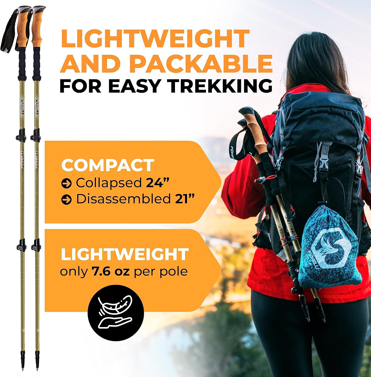 Foxelli Hiking Poles Bundle (2 Pairs) – Black & Khaki Collapsible Lightweight Carbon Fiber Trekking Poles with Accessories