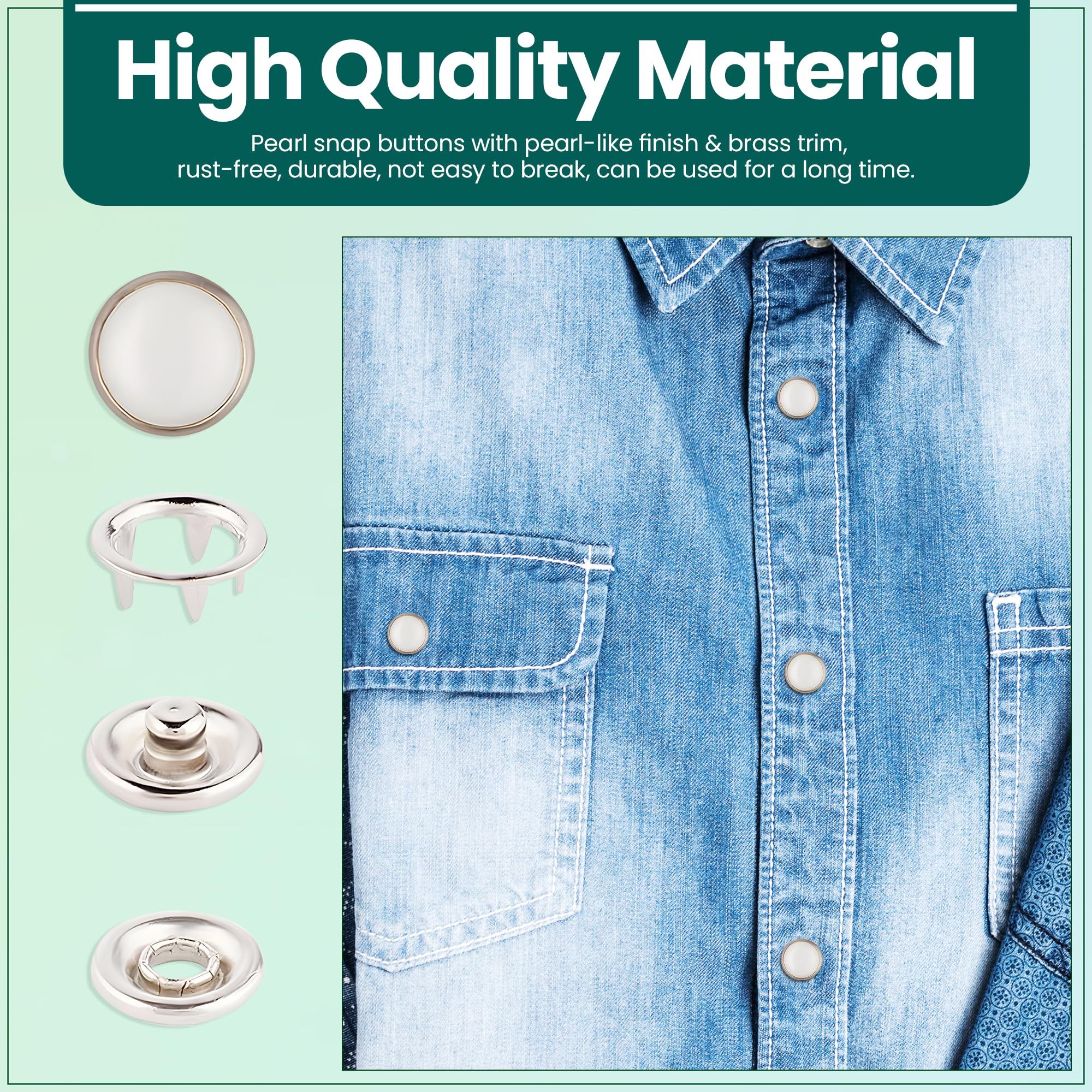 Trimming Shop Juego de 100 broches de presión de 12 mm, color blanco perla, botón de presión de metal con juego de troqueles de fijación y prensa manual universal The Green Machine para ropa de camisa