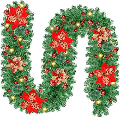 Guirnalda de Navidad artificial preiluminada de 9 pies guirnalda de vegetación decorativa con 30 luces LED cálidas, funciona con pilas para