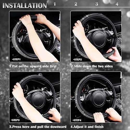 Miniatura 53 de CAR PASS - Funda de volante para mujer, de cuero, con diamantes brillantes de imitación, ajuste universal 14.5-15”, para automóvil, sedán, Diamante