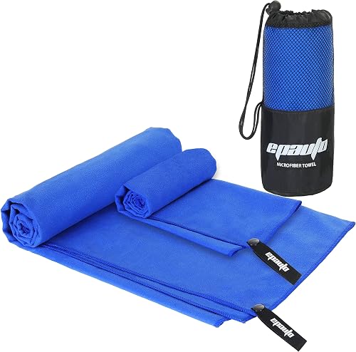 EPAuto 2-Pack Microfiber Quick Dry Towel Set - Lightweight, Super Absorbent & Compact Travel Towels (60"x30" & 24"x15") for Gym, Camping, Beach, Yoga & Backpacking, Blue