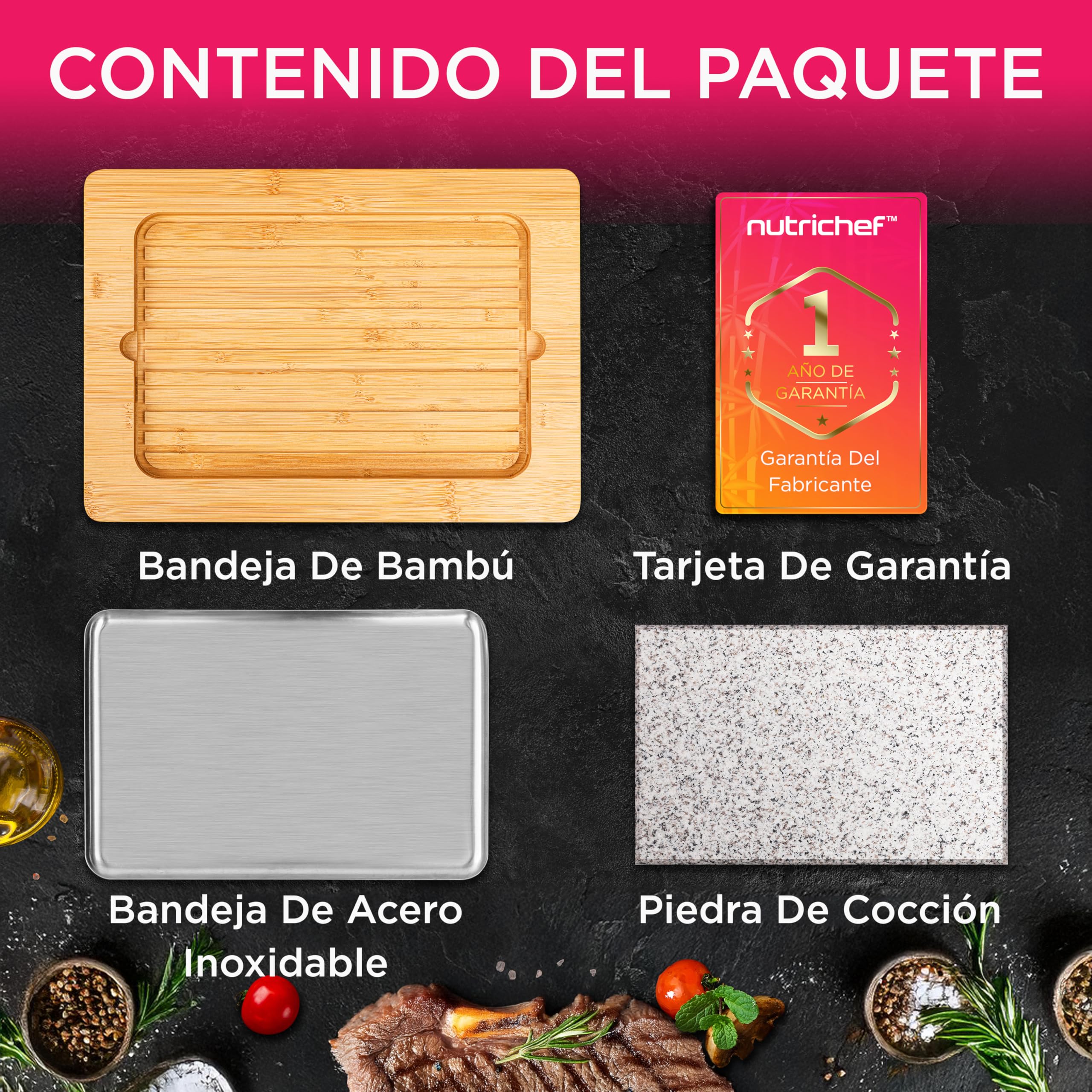 Nutrichef juego de parrilla de piedra, Caliente, Bandeja de bambu, Con asas antideslizantes, Control de temperatura ajustable, Perfecta para carnes y verduras