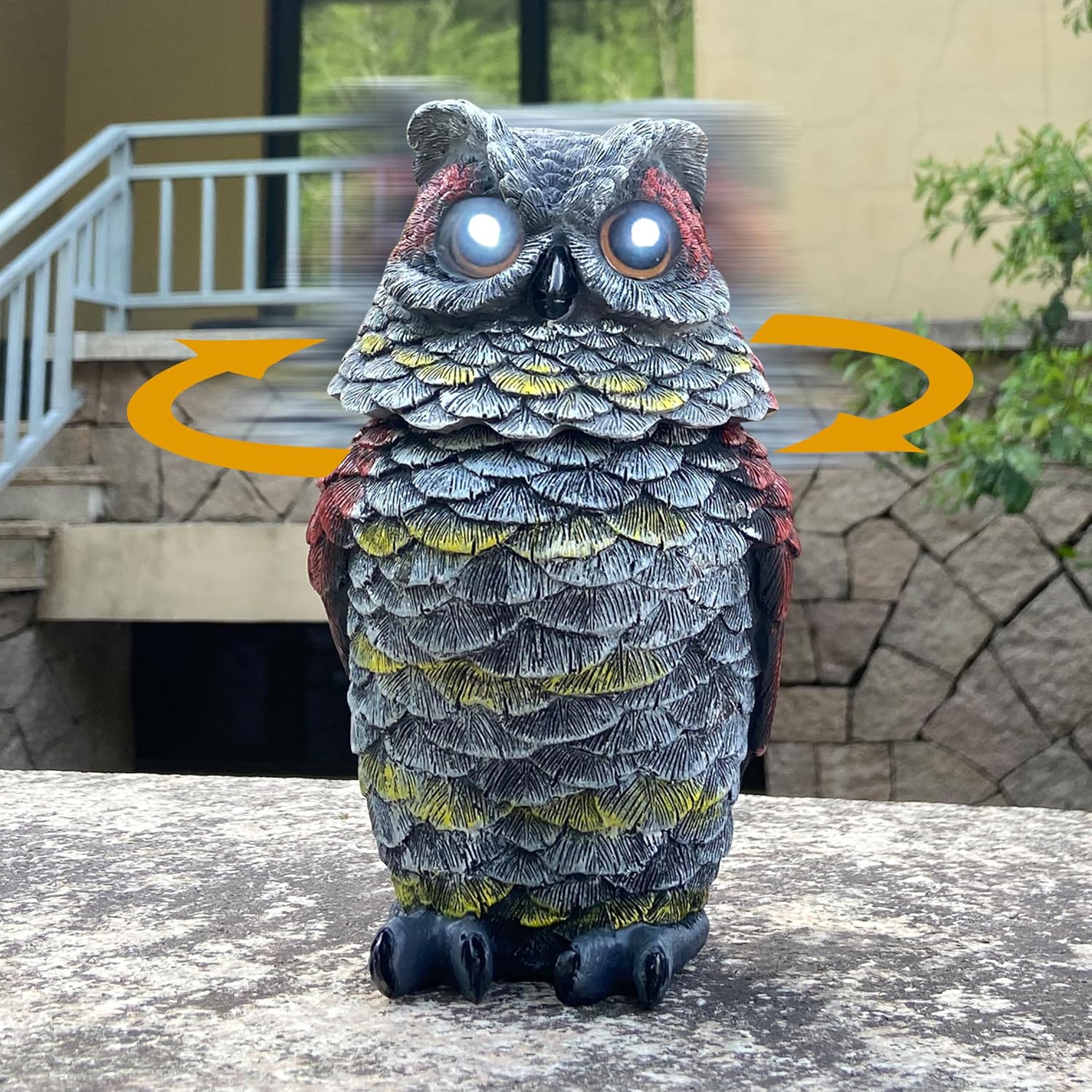 Owls to Keep Birds Away, Solar Owl Decoys to Scare Birds Away, Small Fake Owl for Bird Control, Resin Owls Outdoor Decor with Rotating Head and Lighted Eyes, Animal Deterrent for Outside, Garden - Image 7