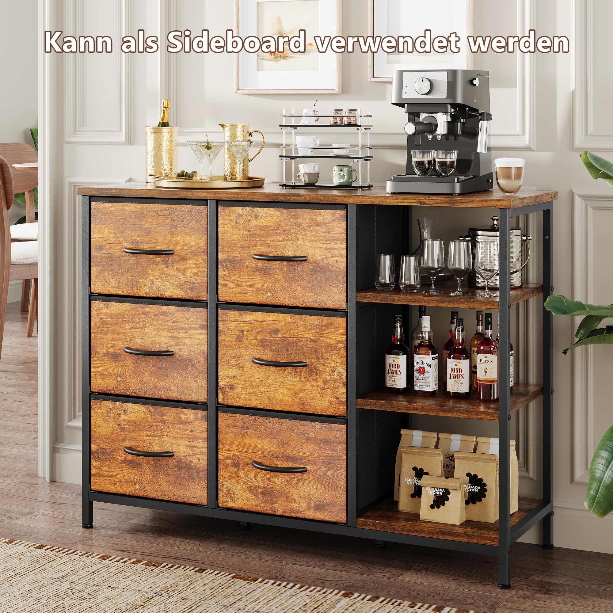 Feonase Kommode mit 6 Schubladen und offenem Ablagefach, modernes Design, Stoffbezug, 100 x 30 x 76 cm, Retro-Farbe