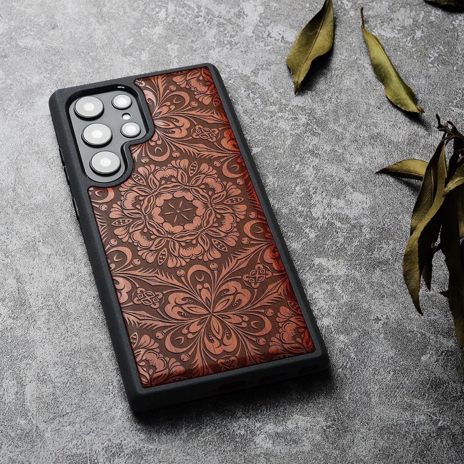 Carveit Wood Case for Galaxy S23 Ultra Case [Natural Wood & Black Soft TPU] Shockproof Protective Cover Unique Wooden Design Compatible with Samsung S23 Ultra (Baroque Blossom-Rosy)