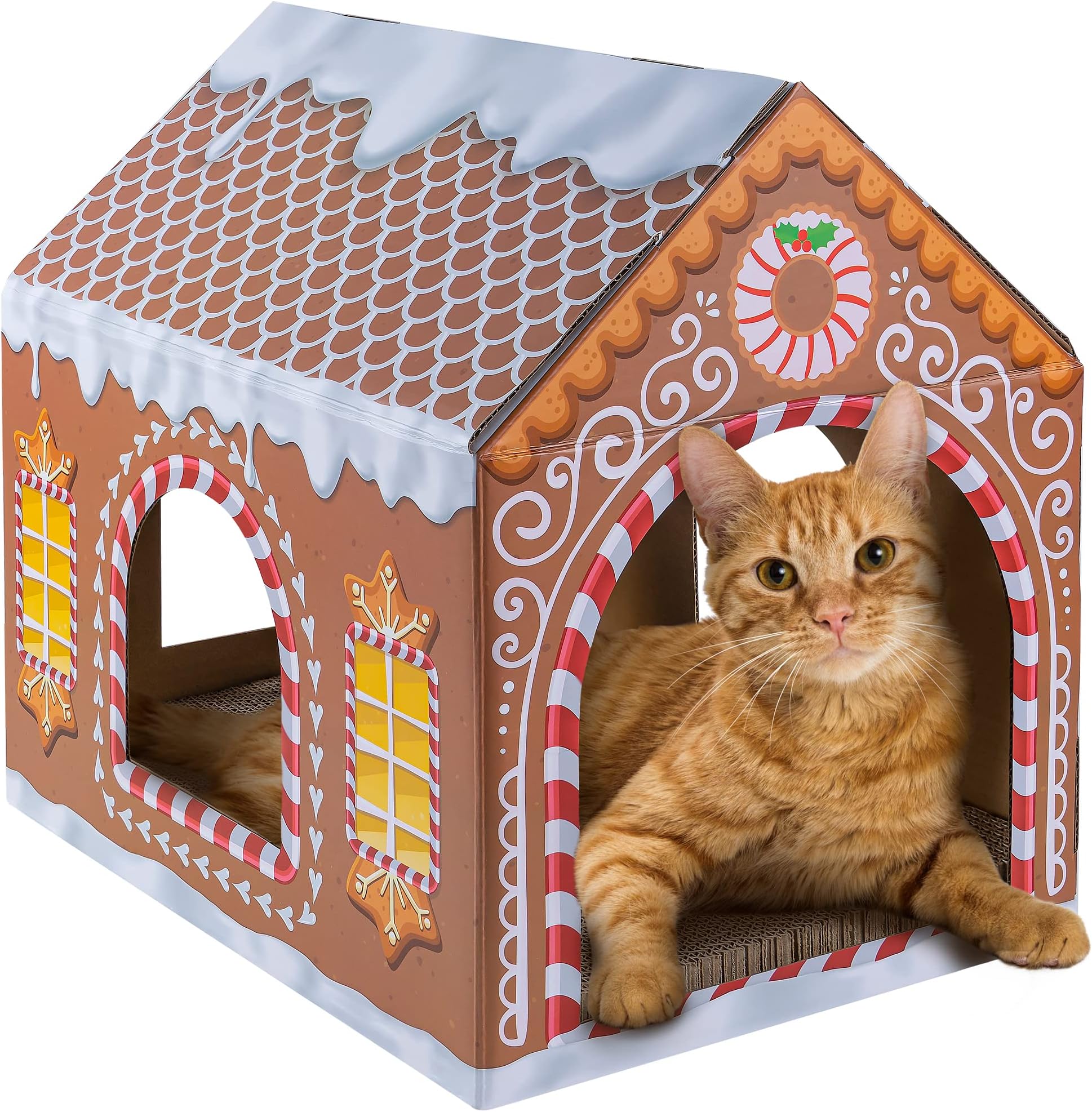 LiBa Cardboard Cat House with Scratch Pad and Catnip, Cat Bed, Halloween Cat Toys, Cat Scratcher Halloween Decorations for Cat, Gingerbread Cat House