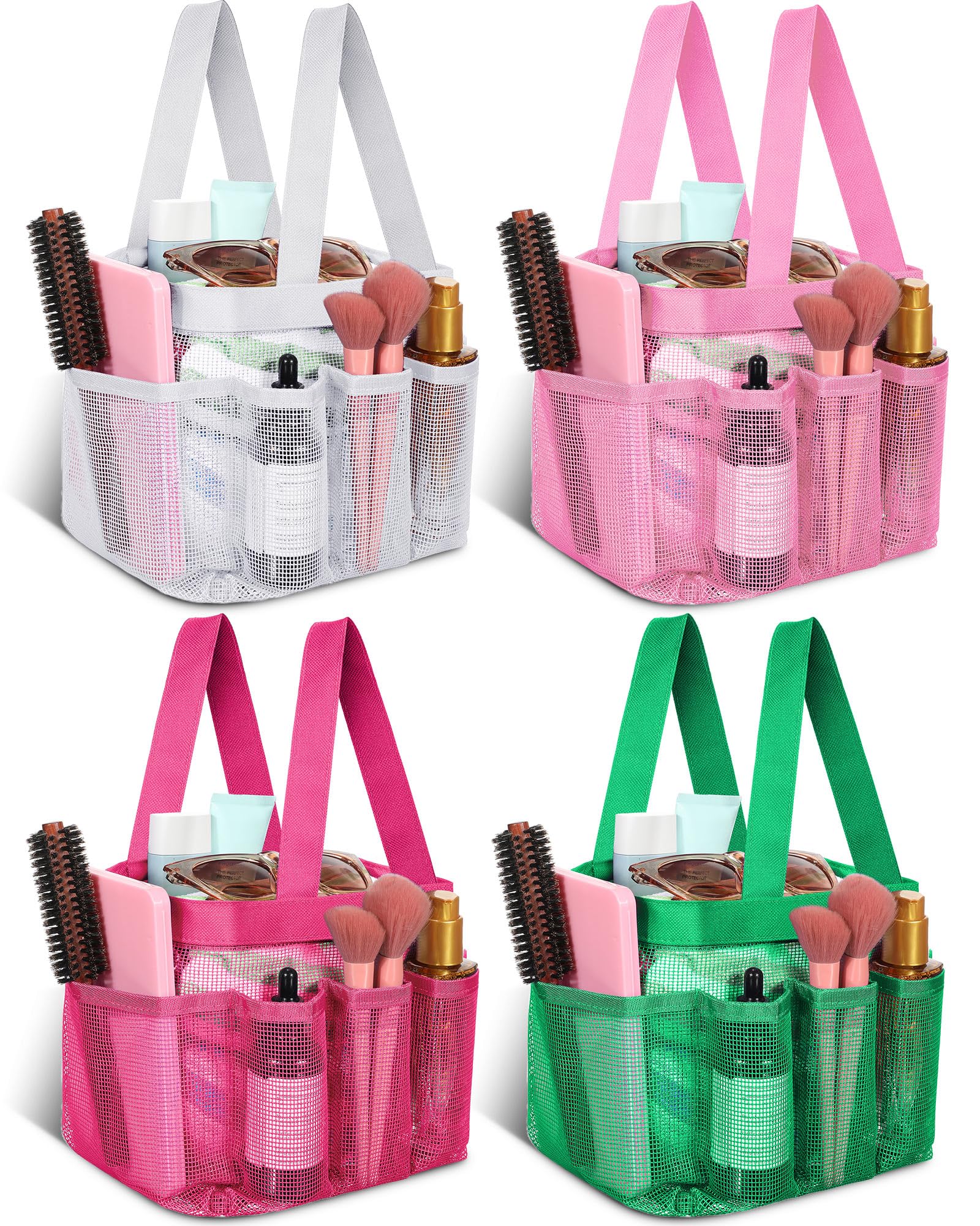 Hillban 4 Pcs Mesh Shower Caddy Portable Shower Caddy for Dorm Beach Mesh Bags with Deeper 8 Pockets and Handles Showers Caddies Basket for Women