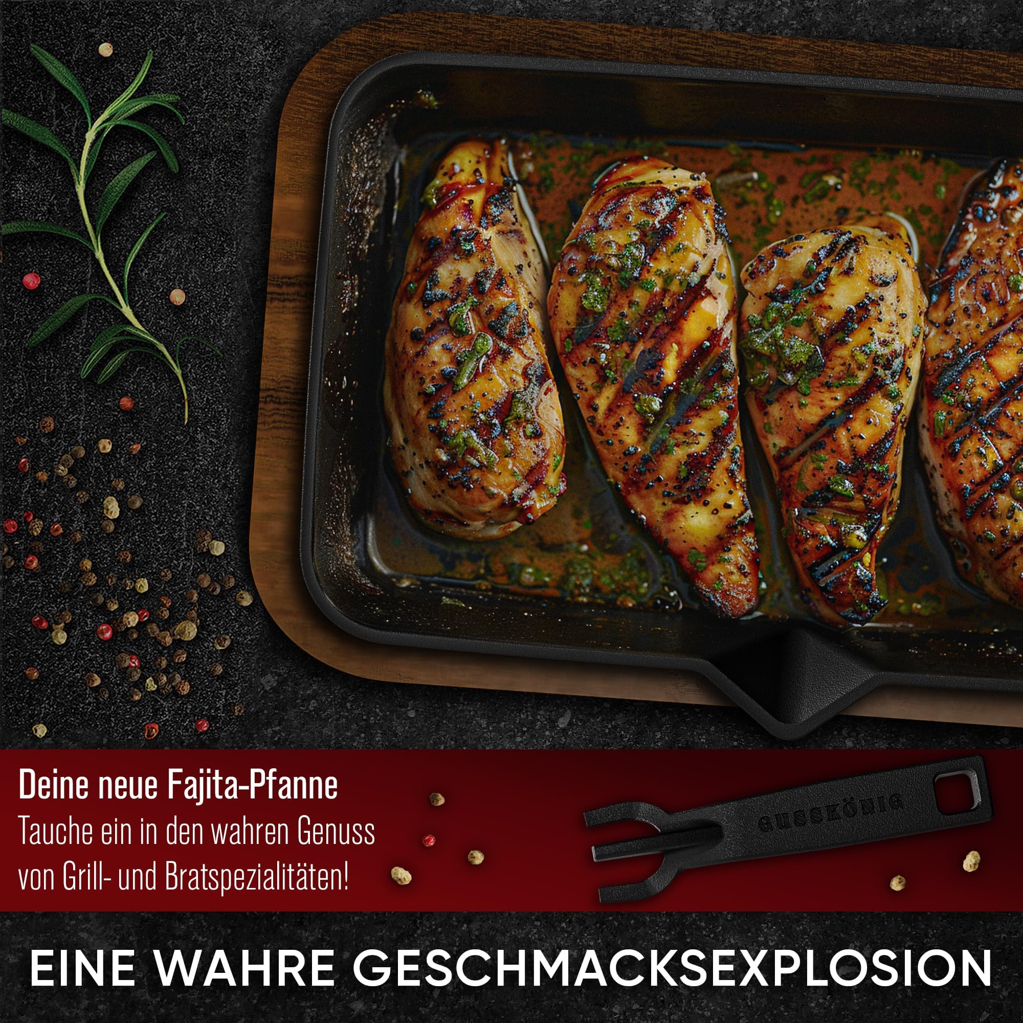GUSSKÖNIG Fajita-Pfanne aus Gusseisen inkl. Soßenschale & Servierbrett aus Akazienholz - Gusseisen Grillpfanne mit abnhembaren Griff & Pflegepaste - eingebrannter Grillpfanne - 30 Jahre Garantie