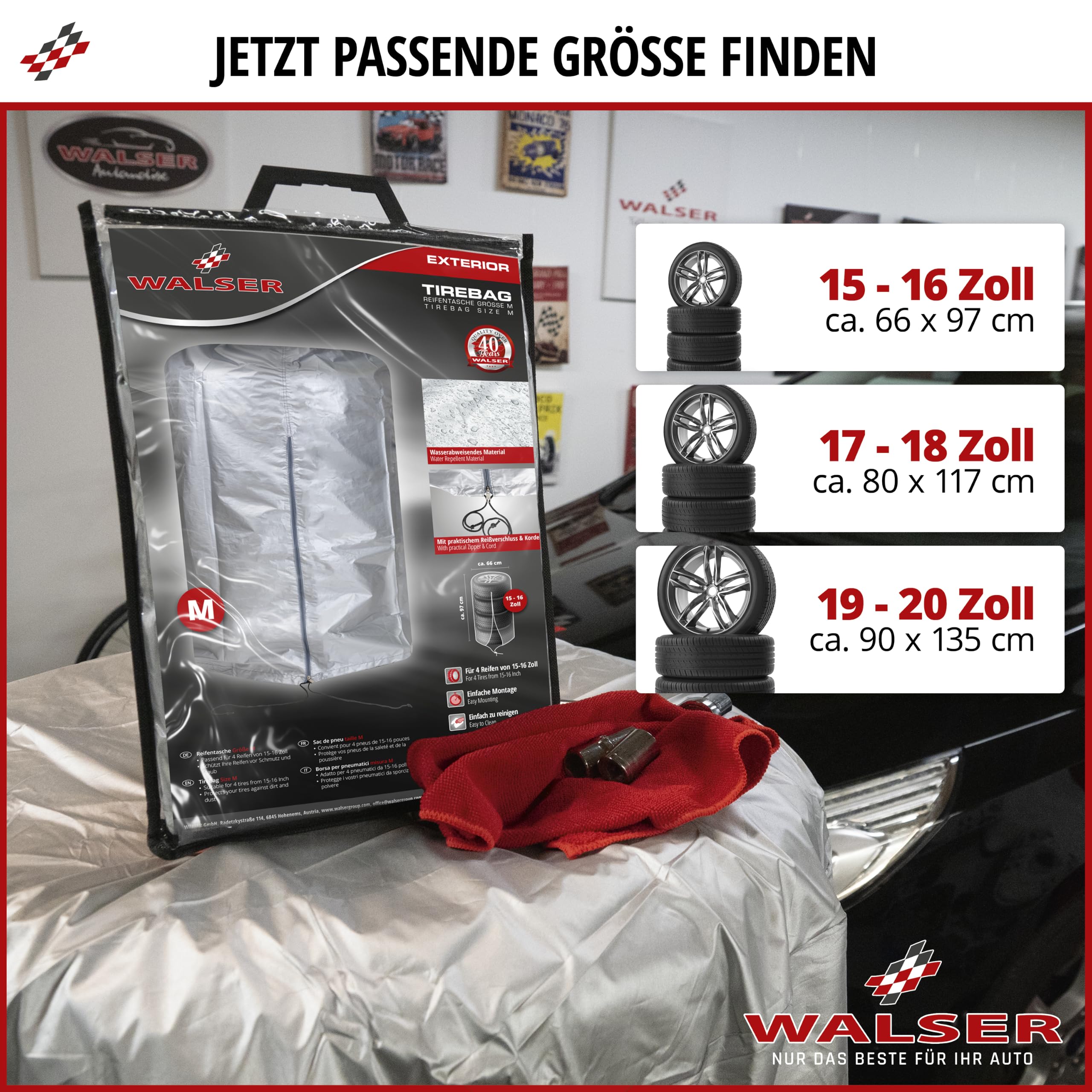 Walser Sac pour pneus de Voiture, Rangement pour 4 pneus de Voiture, Sac adaptée Roues Argent 19-20 Pouces