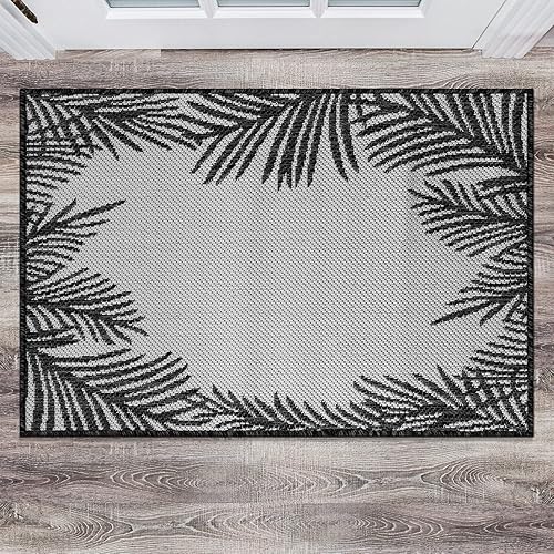 Rugshop Alfombra plana texturizada con hojas de palmera tropicales, fácil limpieza, para exteriores, terraza, patio, patio trasero,