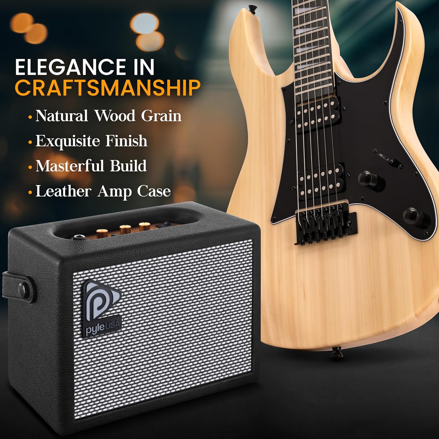 Pyle Prog Rock EG Series Electric Guitar with Amp Kit, 39" Full Size with Dual Humbucker Pickups, Low Profile Neck and Solid Paulownia Body, Premium Accessory Kit Included (Prog Rock, Natural)