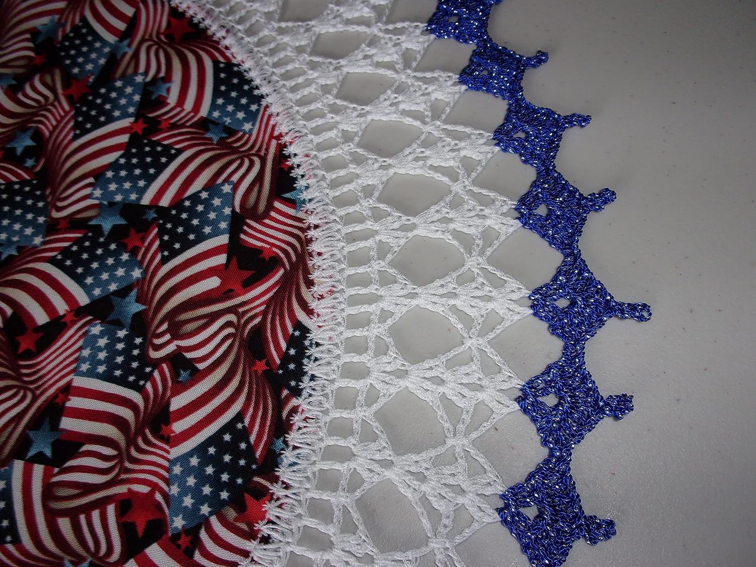 Patriotic Doily Flags Red and Blue Stars 4th of July Table Topper Round Lace Table Decoration Fabric Center Doily Crocheted Edge 20 Inches Centerpiece