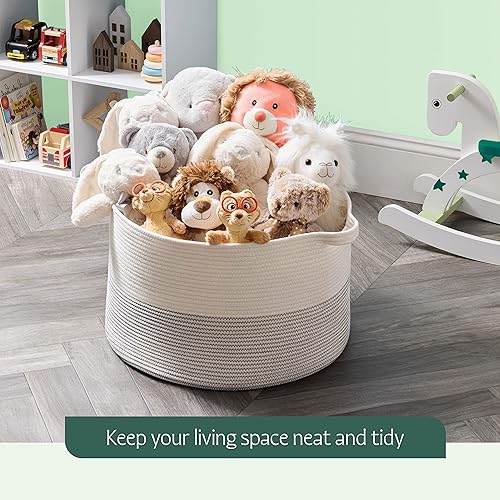 Miniatura 8 de Cesta decorativa de manta jumbo para sala de estar, cesta tejida de cuerda de algodón 100% para almacenamiento con 2 asas de fácil transporte,