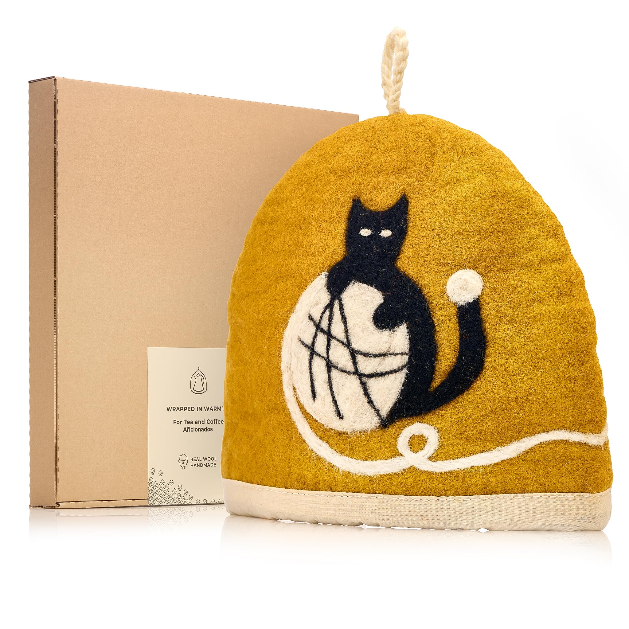 Tea Cozy for Teapot Large - Keep Your Brew Warm and Stylish with This Felted Tea Cosy, Enhancing Flavor and Aesthetics - Fits 6-Cup Teapot & 34oz French Press (Black cat, ocher)