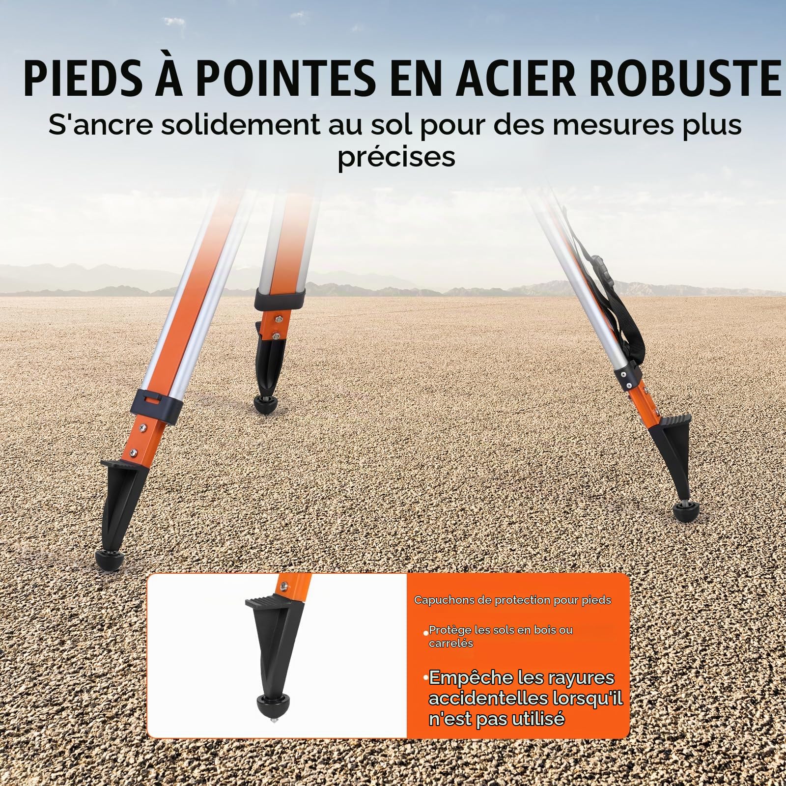 VEVOR Trépied de Niveau Laser, Filetage 5/8"-11, Trépied d'Arpentage Robuste, Réglable en Hauteur 1145-2905 mm, Bulle de Niveau, Limiteur de Diffusion, Pieds Antidérapants Relevables pour Construction