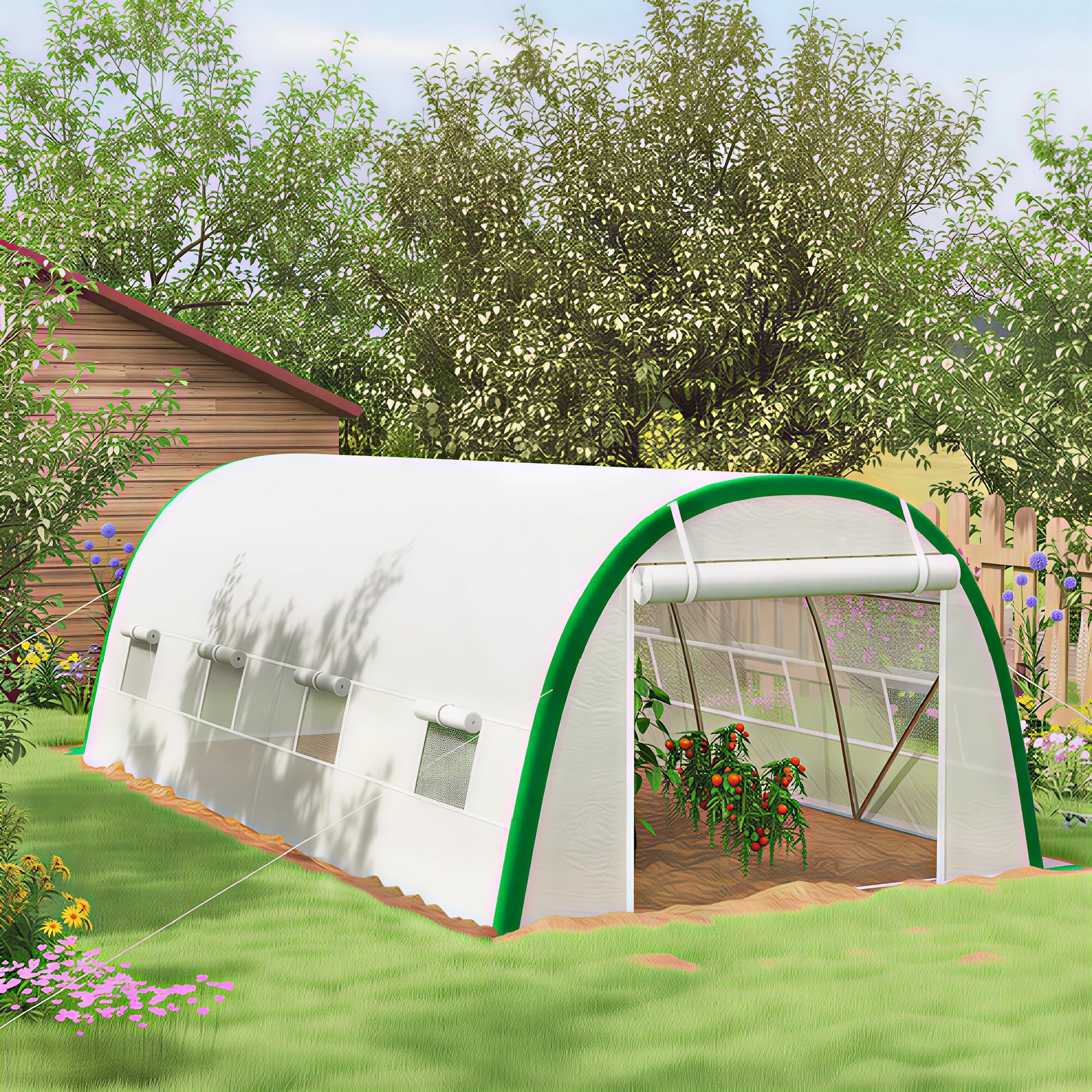 Outsunny Invernadero de Exterior 6x3x2 m con Puerta Enrollable Blanco | 8 Ventanas de Malla, Invernadero de Túnel, Cubierta PE 140g/m², Marco de Acero Galvanizado, Protección UV, para Plantas