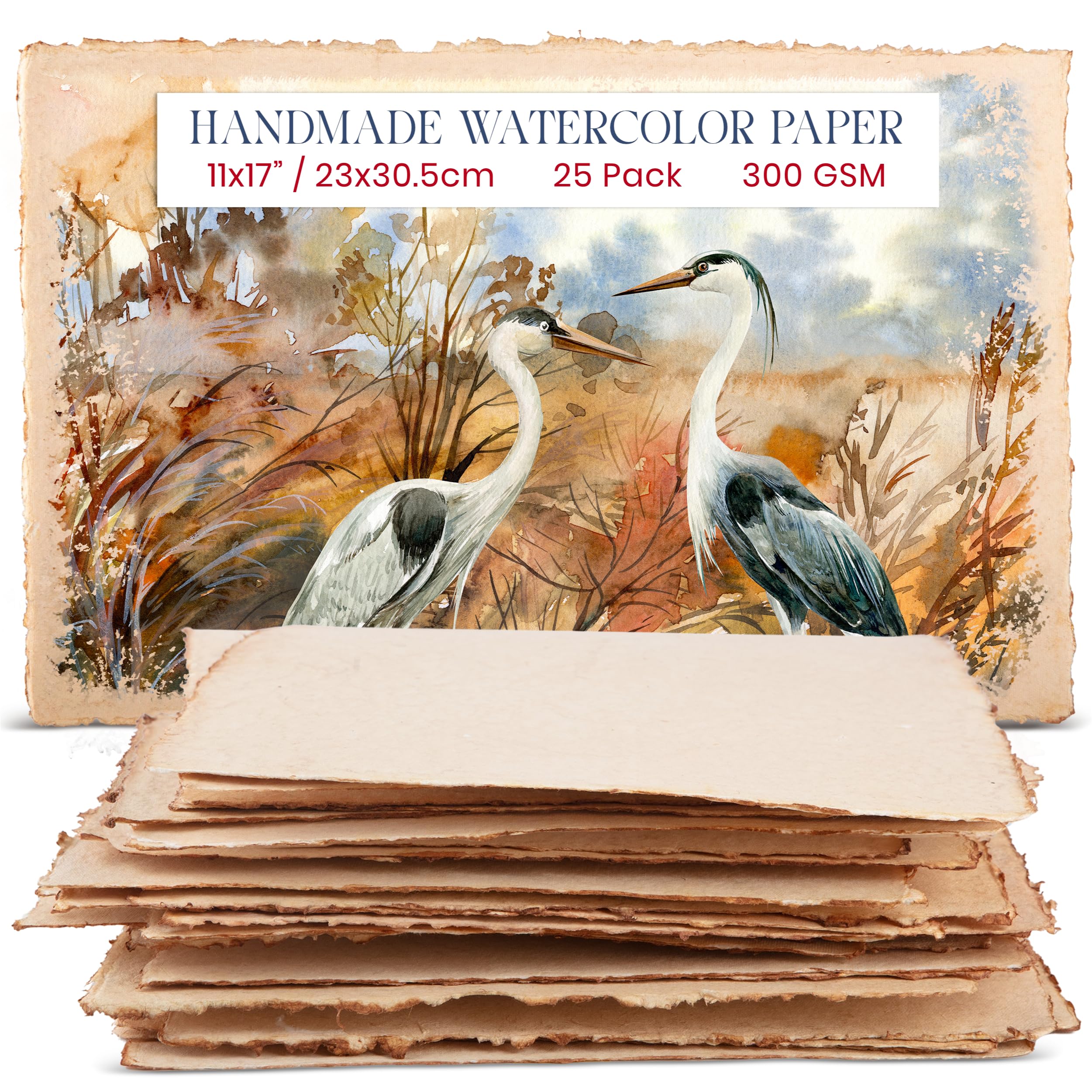 Wanderings Dickes, Handgefertigtes Vintage-Aquarellpapier mit Büttenrand, 28x43cm – 300 GSM – Hochwertiges, Kaltgepresstes, Strukturiertes Papier Antik-Look Recycelter Baumwolle – 25 Lose Blattblätter