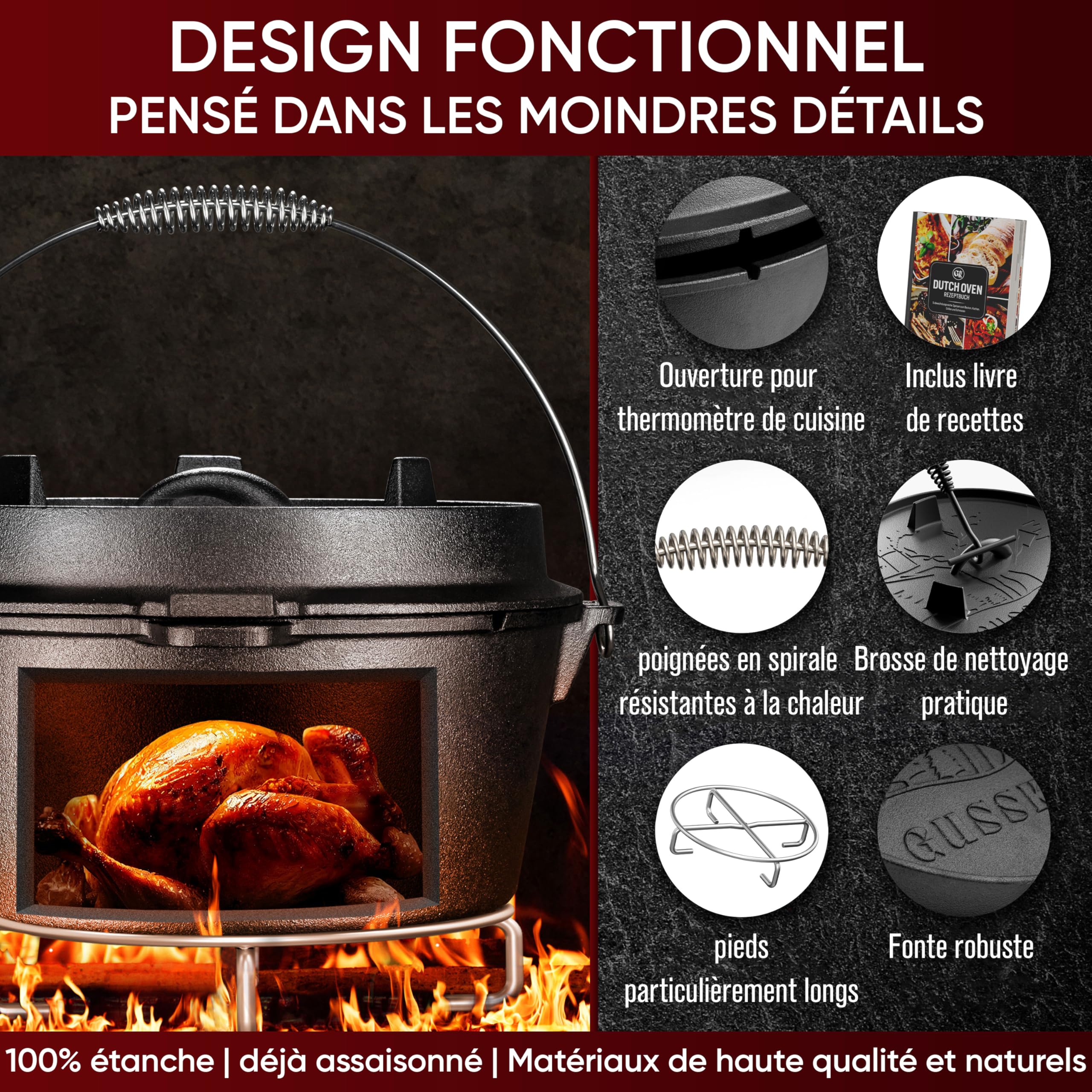 GUSSKÖNIG Ensemble de Dutch Oven - Dutch Oven de 4.5Litres déjà culotté - Feuertopf en fonte sans pieds - Cocotte multifonction - avec lève-couvercle 2 en 1 et livre de recettes Dutch Oven