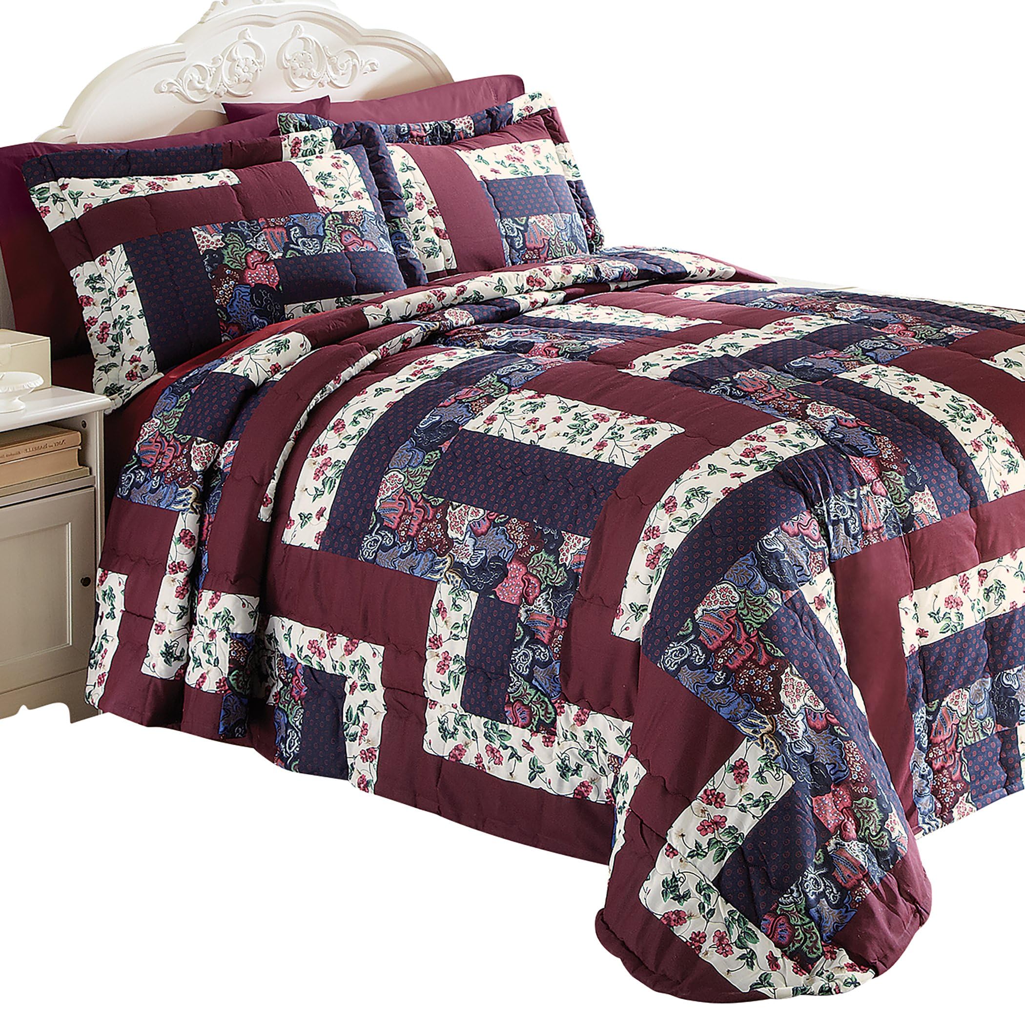 Collections Etc Elizabeth Contemporary Floral Patchwork Design Bedspread Burgundy Multi King
