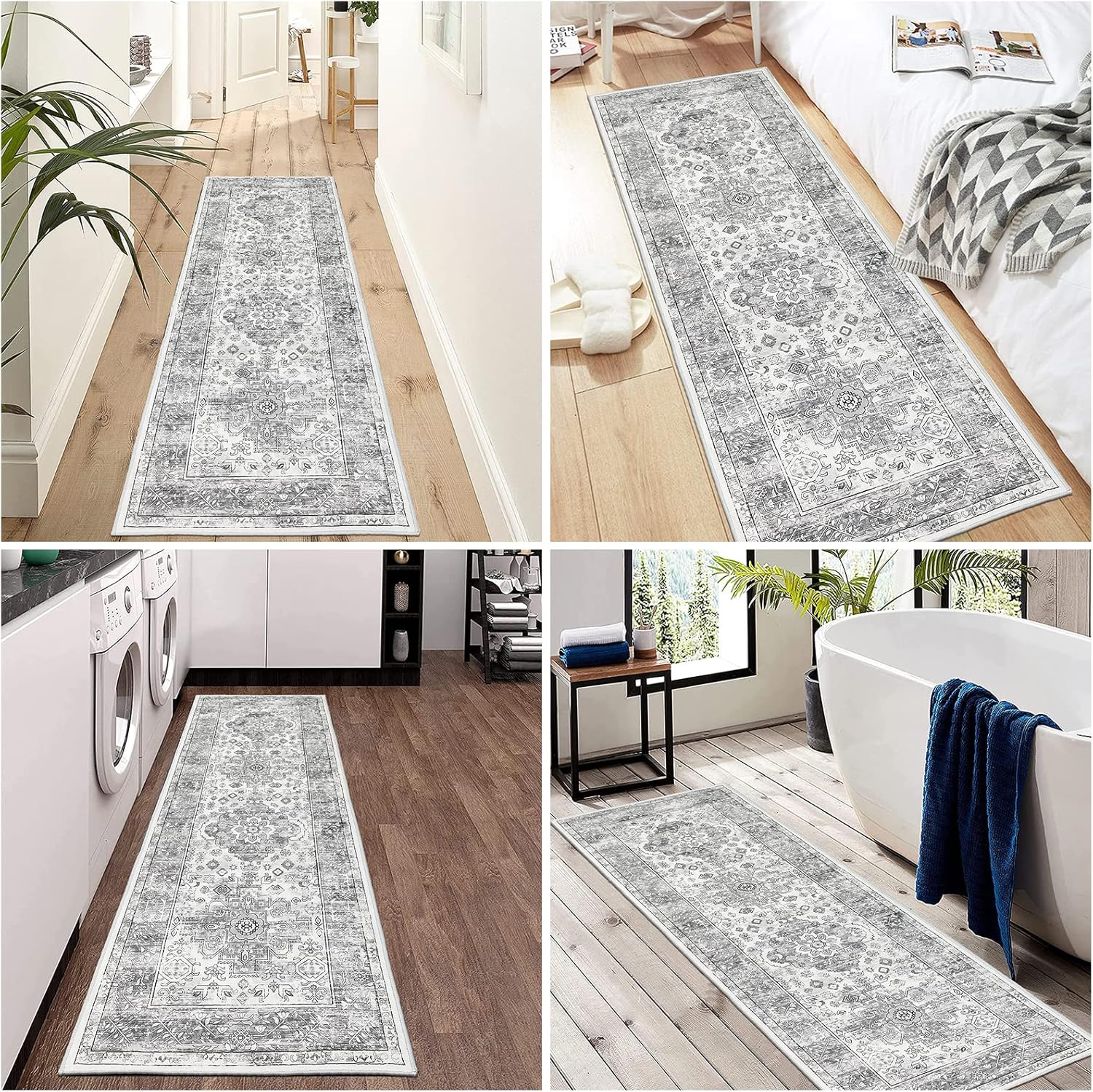 Pauwer Hallway Runner Rug 2x6 Washable Rugs Non Slip Carpet Boho Farmhouse Vintage Throw Area Rugs Floor Runner for Hallway Kitchen Entryway Laundry Room Bedroom Bathroom, Vintage Grey