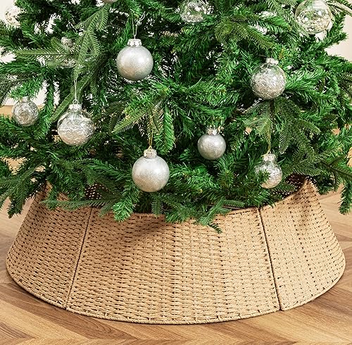 HBlife Collar de árbol de Navidad de ratán, collar de árbol tejido de 28.4 pulgadas de profundidad para árbol de lápiz, decoración navideña de