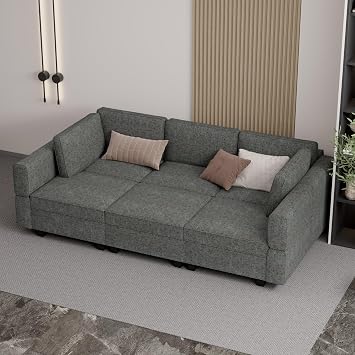 Nalupatio Modular Sectional Sofa Couch with Storage, Convertible 6 Seat Sofa Bed with Chaise, Reversible Linen Fabric Upholstered Sofa Bed with Supportive & Sponge for Living Room,Dark Grey