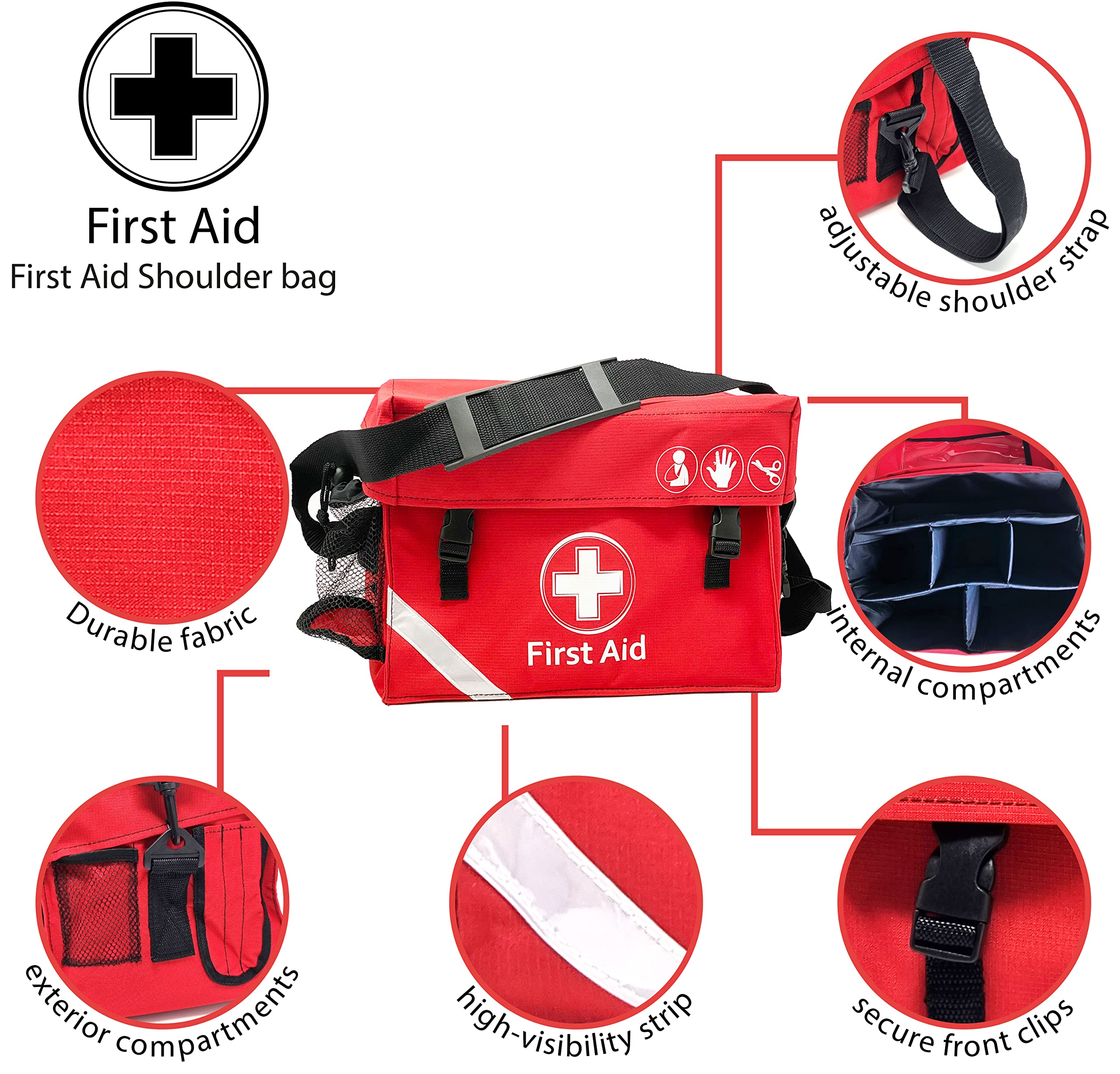 Grand sac de premiers secours rouge avec bandoulière - Vide - Sac médical d'urgence pour voiture, maison, bureau, sport, entreprise - JFA Medical