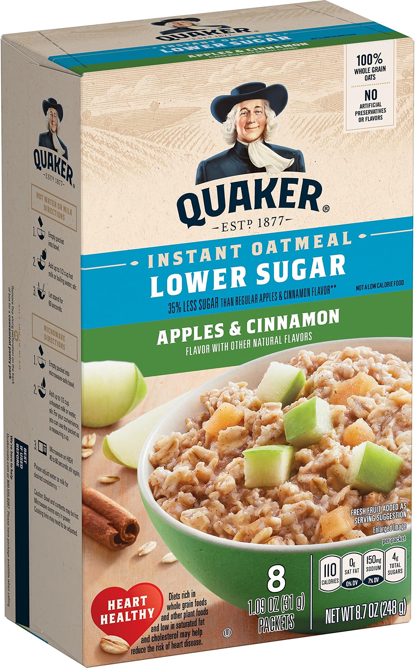Quaker Instant Oatmeal Apple Cinnamon, Lower Sugar, 8 Count