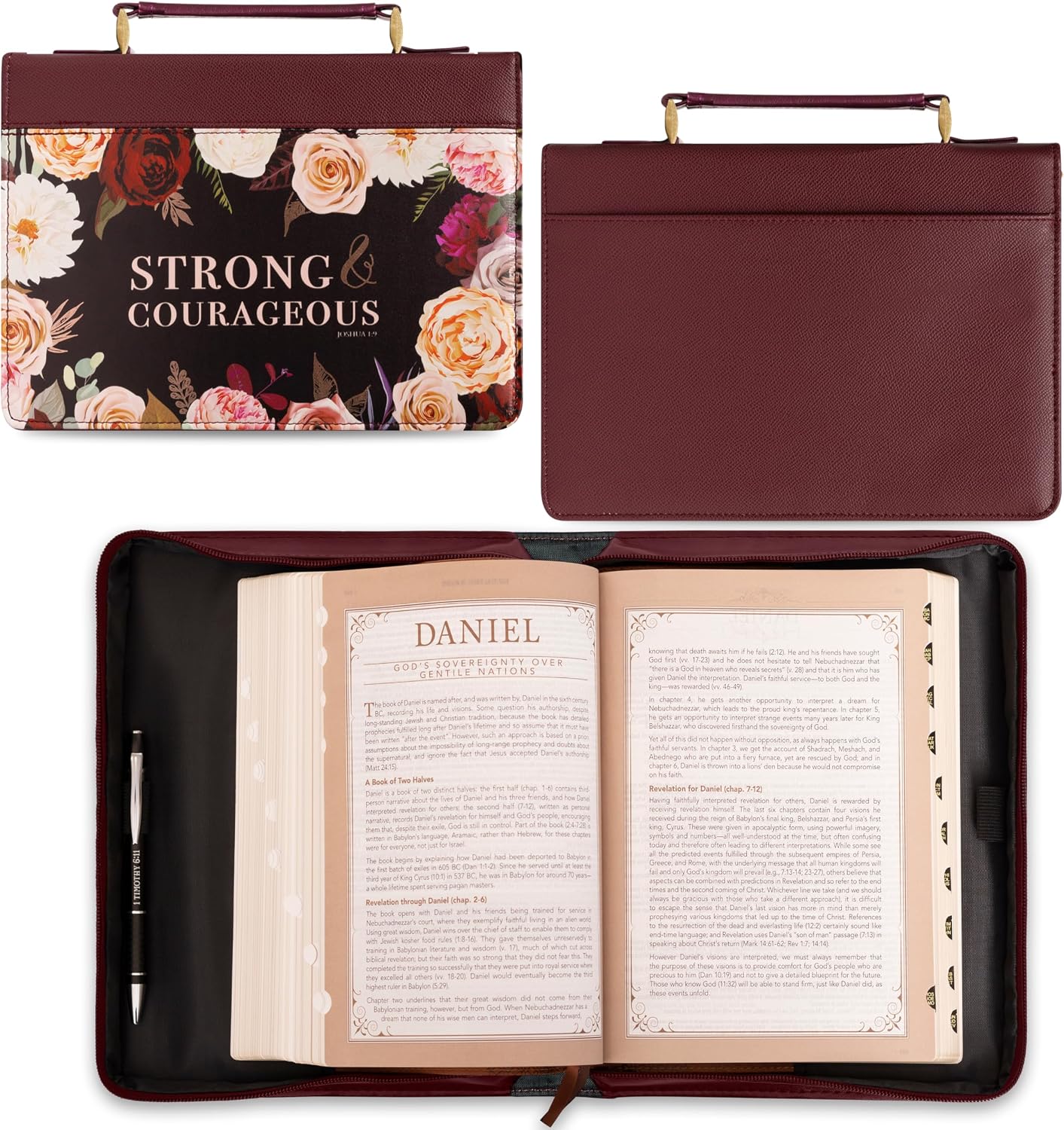 Christian Art Gifts Protective Faux Leather Fashion Bible Cover Carry Case with Handle for Women: Strong and Courageous - Joshua 1:9 Inspirational Bible Verse - Merlot Floral Rose Bouquet, Medium
