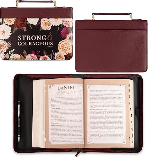 Christian Art Gifts Funda protectora de piel sintética para la Biblia con asa para mujer fuerte y valiente, versículo bíblico inspirador Joshua 19,