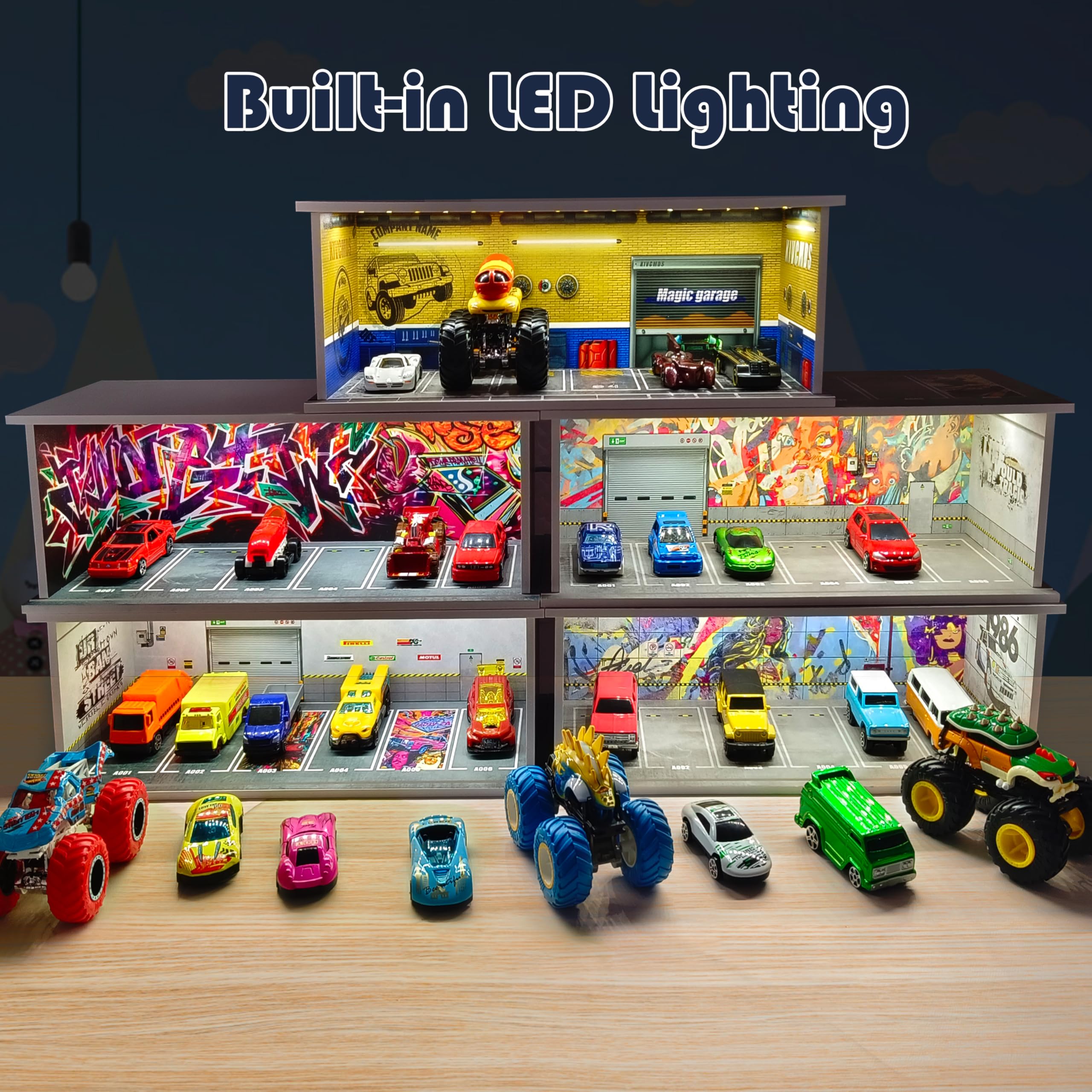 Saichotoy Vitrine pour Hot Wheels : garage de stationnement empilable pour boîte d'allumettes à l'échelle 1/64, rangement en mousse pour camions monstres avec lumière LED et couvercle acrylique, cri