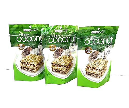 CABE Rollos de coco crujiente, paquete de 3 unidades de 2.1 onzas cada uno, hechos con leche de coco real más semillas de sésamo negro tostadas,