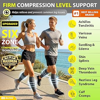 BLITZU 3 Pairs Calf Compression Sleeves for Men and Women. Footless Compression Socks & Leg Support for Running, Travel, Nursing, Fitness. Shin Splints Pain Relief & Reduce Swelling Black S-M