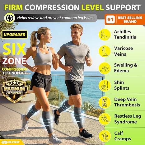 BLITZU 3 Pairs Calf Compression Sleeves for Men and Women. Footless Compression Socks & Leg Support for Running, Travel, Nursing, Fitness. Shin Splints Pain Relief & Reduce Swelling Black S-M