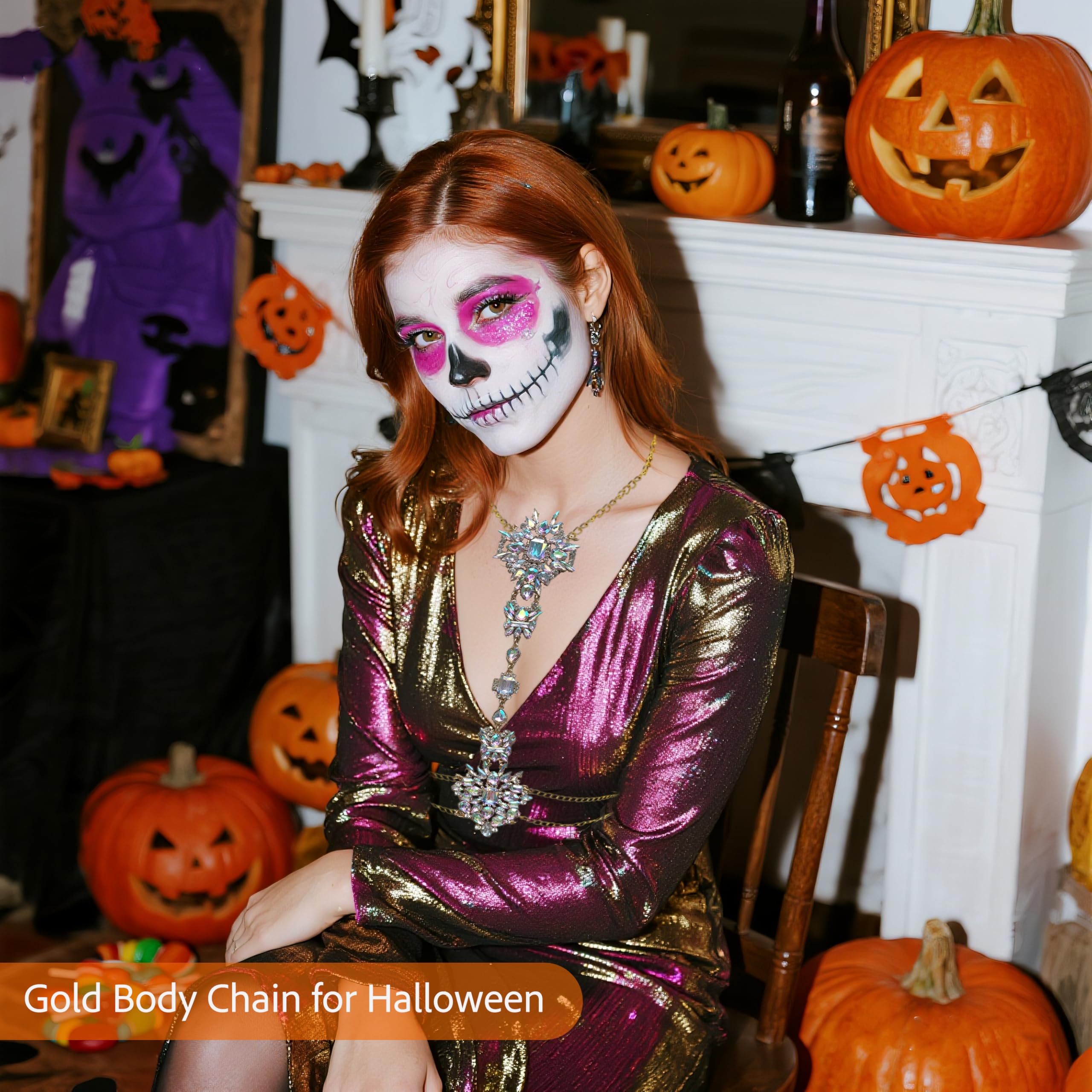 NABROJ Gold Body Chain Costume Jewelry Easter Spring Gifts for Women, Rhinestone Decorated Chest & Waist Chain, Elegant Gold Body Jewelry, Women’s Party Accessories: STL01 Crystal