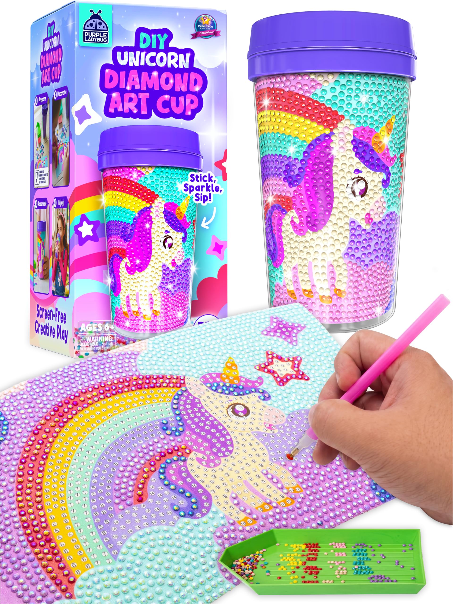 DIY Unicorn Cup Diamond Art Kits, 5D Gem Art Gifts for Girls Age 7 8 9 10 11 12, BPA Free 16 oz Unicorn Water Bottle, Arts and Craft Set Girls Birthday Presents, Mosaic Kit for Children