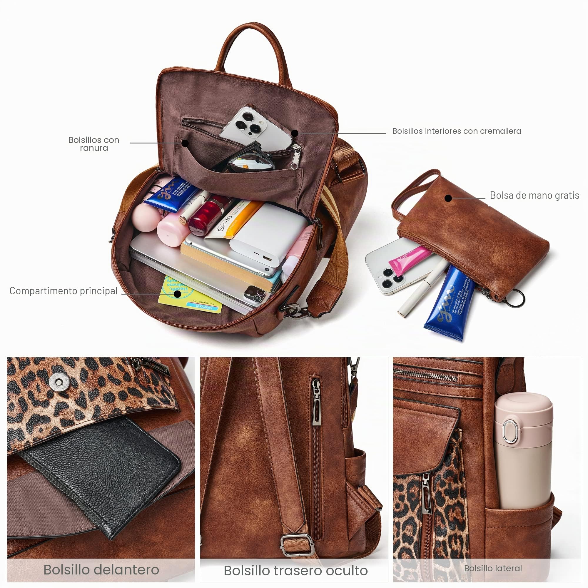 Shrrie Mochila de cuero de moda para mujeres,Con correas y billeteras individuales，Para compras diarias，Mochilas de viaje Cuero PU