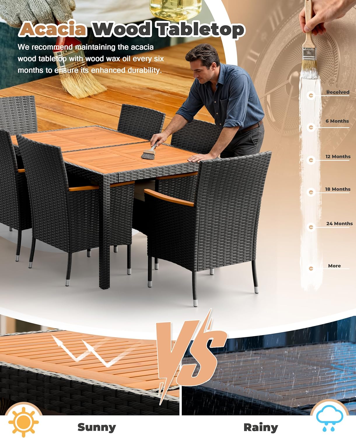 Flamaker 7 Piece Patio Dining Set Outdoor Acacia Wood Table and Chairs with Soft Cushions Wicker Patio Furniture for Deck, Backyard, Garden