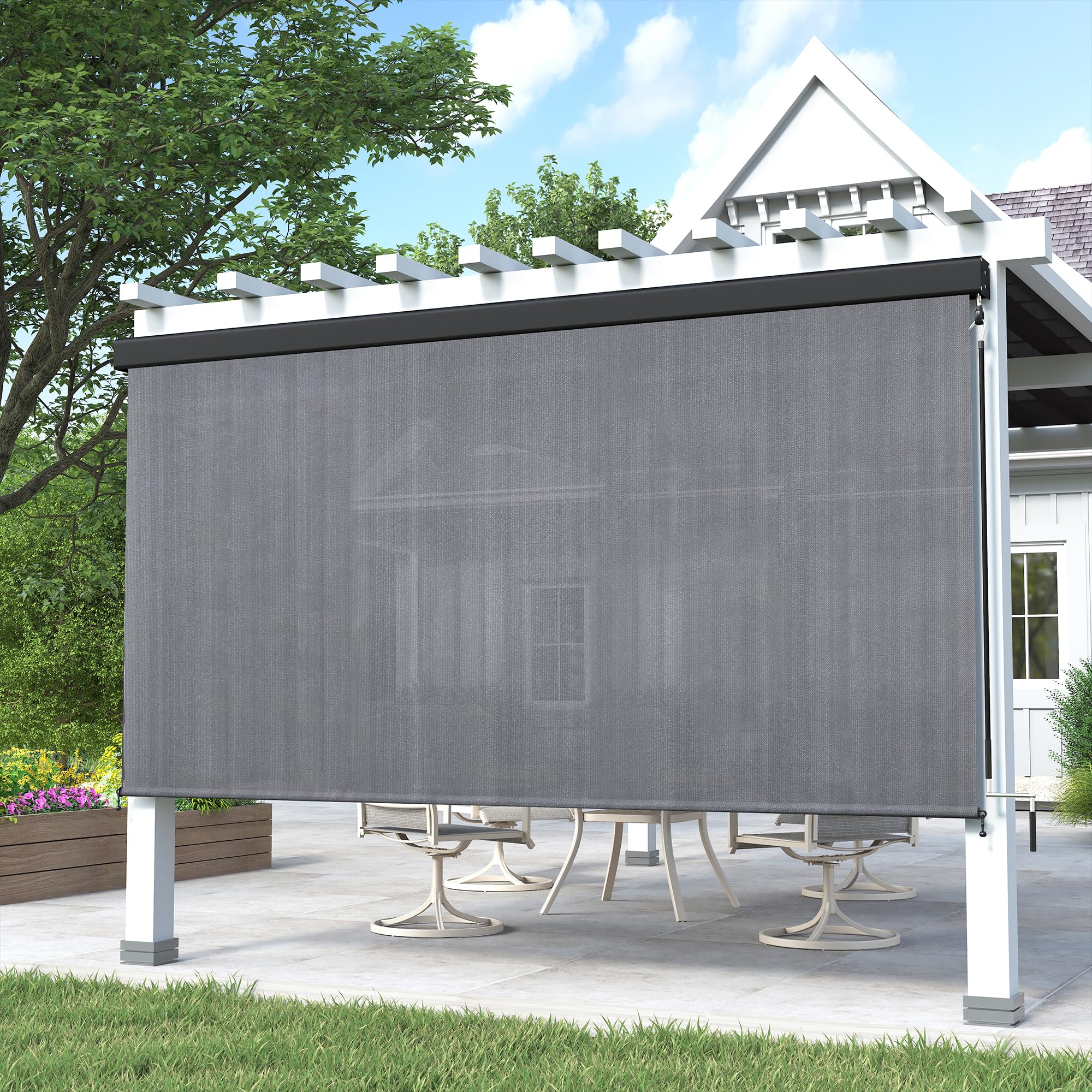 DIFY Outdoor Roller Shade Blinds, Cordless Roll Up Shade with Aluminum Valance, Wand Crank Operation, 8 x 8FT for Patio, Yard, Deck, Porch, Anthracite