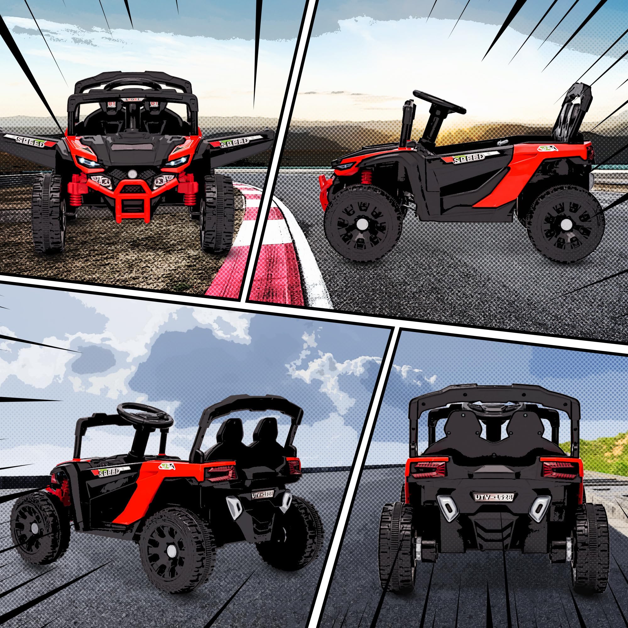 AIYAPLAY Voiture Électrique Enfant UTV, 12 V à 2 Moteurs 3-8 Ans Rouge | Buggy Électrique Enfant, avec Télécommande, Phares LED, Musique et Klaxon