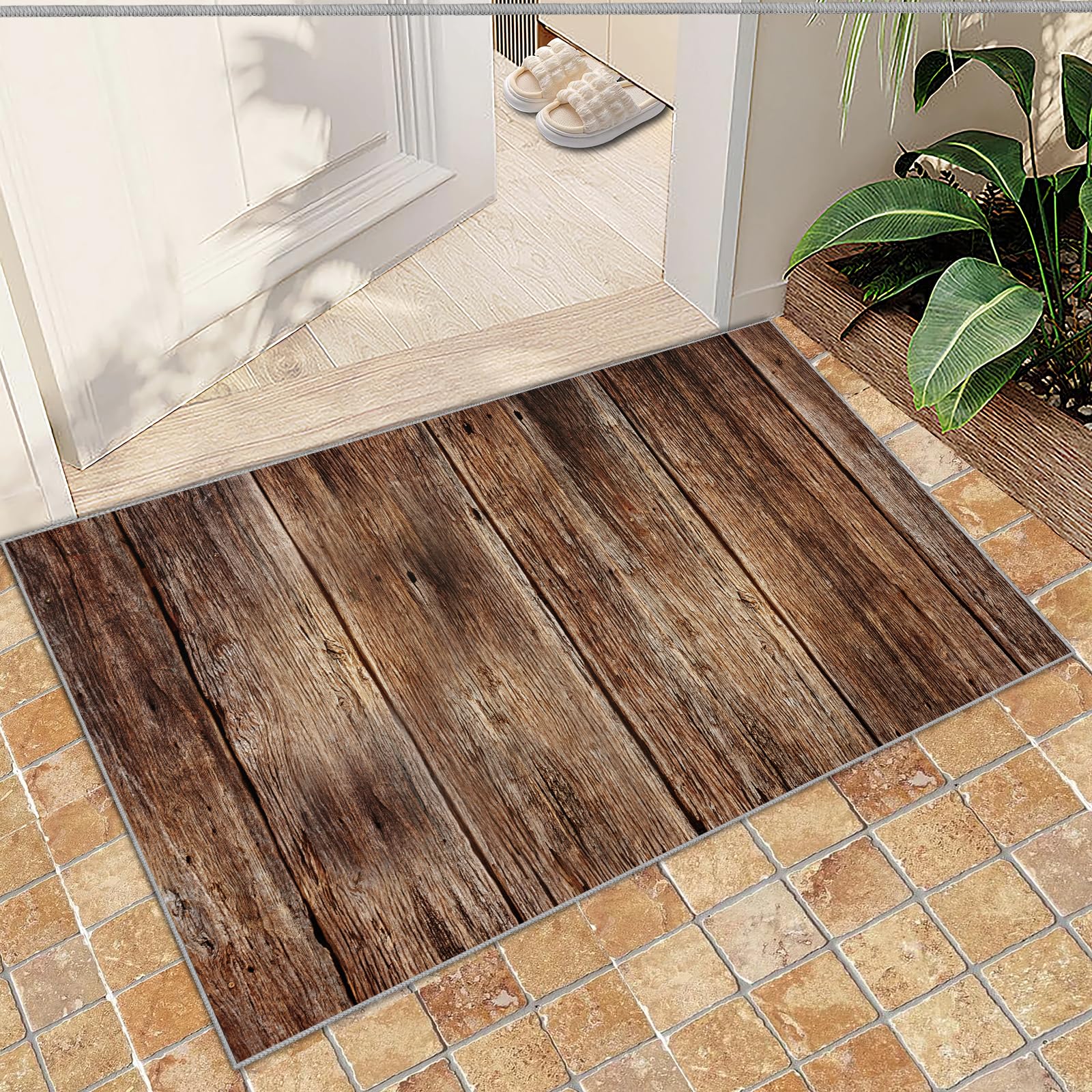 QDJKBL Entrance Rug 60 X 90 Cm Retro Wood Grain Planks, Modern Black and Brown Medieval Print Doormats, Floor Mats High Density for Entrance Door