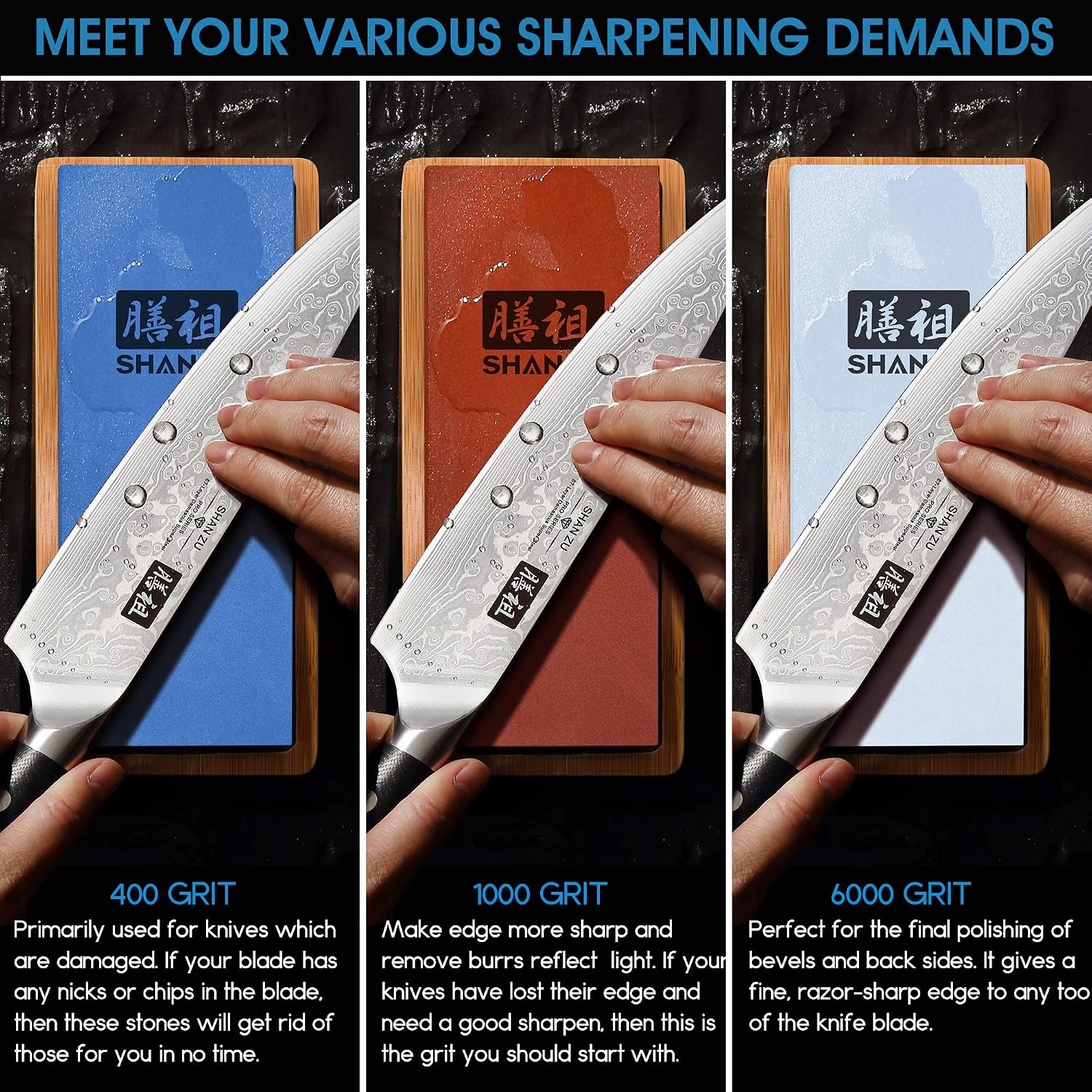 SHAN ZU Premium Extra Large Whetstones Kit Knife Sharpening Stone Set Grits 400/1000/6000 Waterstone with Flattening Stone, Non-slip Bamboo Base and Angle Guide for Home and Kitchen